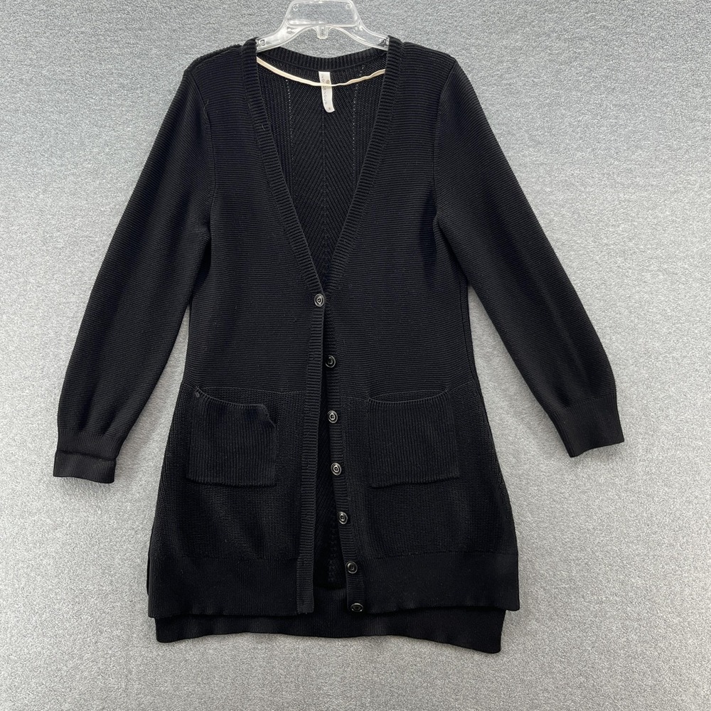 Indigenous Cardigan Sweater Womens Medium Black Organic Cotton Pockets Duster